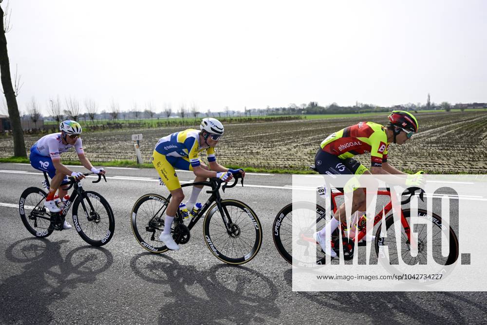 French Thomas Gachignard of TotalEnergies, Belgian Victor Vercouillie of Team Flanders Baloise and Belgian Luca De Meester of Bingoal WB pictured in action during the Classic Brugge-De Panne men s elite one-day cycling race, 198,9 km from Brugge to De Panne, Wednesday 20 March 2024. LAURIExDIEFFEMBACQ x89527815x