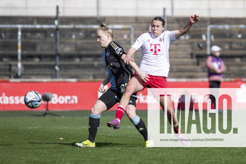 GOOGLE PIXEL Frauen Bundesliga 1 FC Köln 1 FC Nürnberg, 23 03 2024 Franziska Mai 1 FC Nürnberg, 18 in duel with Carlotta Wamser 1 FC Köln, 30 GOOGLE PIXEL Frauen Bundesliga, 1 FC Köln 1 FC Nürnberg, 17 Spieltag, am 23 03 2024, Franz Kremer Stadion, Köln DFL regulations prohibit any use of photographs as image sequences and or quasi video