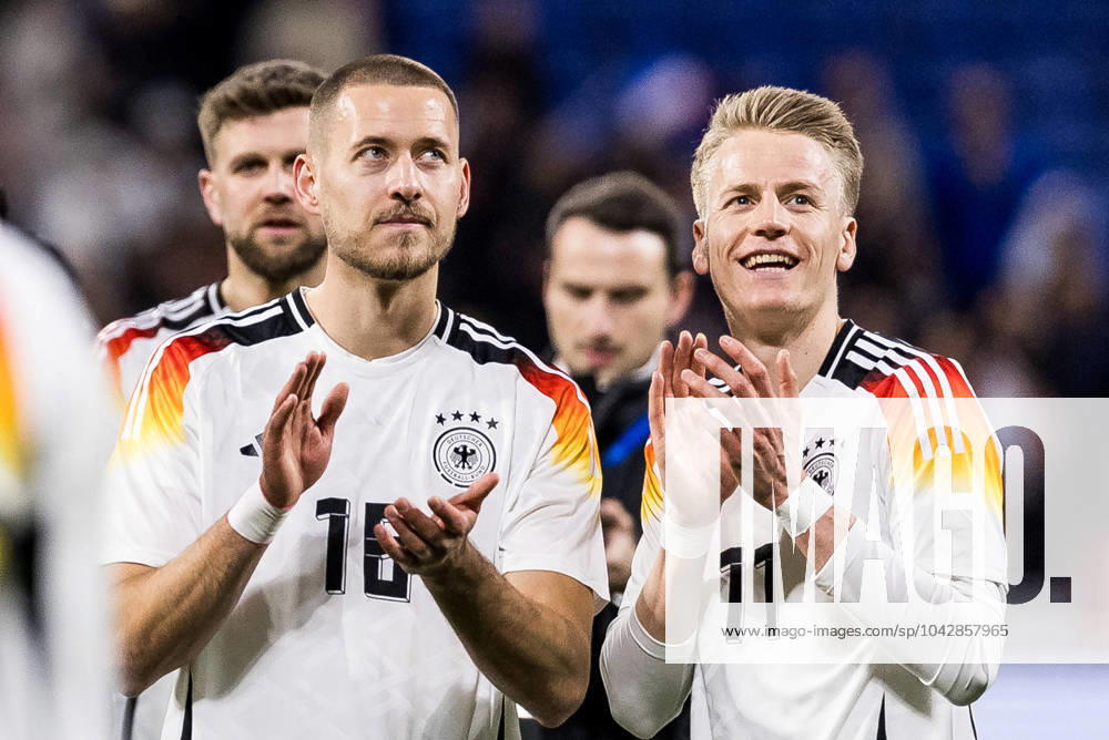 UEFA friendly match France Germany 23 03 2024 Waldemar Anton Germany, 16 , Chris Führich Germany, 11 applaud towards fans UEFA friendly match France Germany, Lyon, Groupama Stadium on 23 03 2024