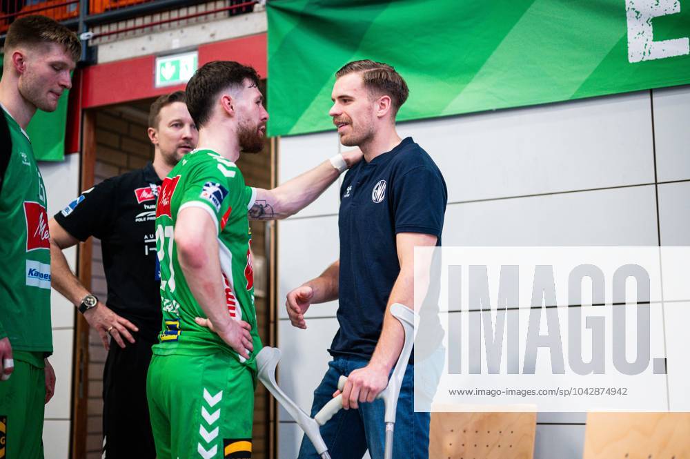 Handball, 2023 2024, 2 Bundesliga, 25 Matchday, GWD Minden TuS N Lübbecke L R Timo Stoyke Minden , Evars Klasniks Minden , Max Staar Minden , Bjarni Valdimarsson Minden