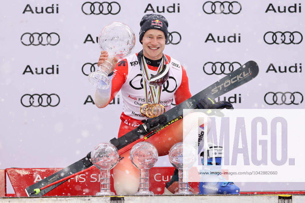 KW12 ALPINE SKIING - FIS WC Final Saalbach SAALBACH,AUSTRIA,24.MAR.24 - ALPINE SKIING - FIS World Cup Final, award ceremony for the Overall World Cup Men. Image shows the rejoicing of Marco Odermatt (SUI). keywords: crystal globe. GEPAxpictures xMathiasxMandl