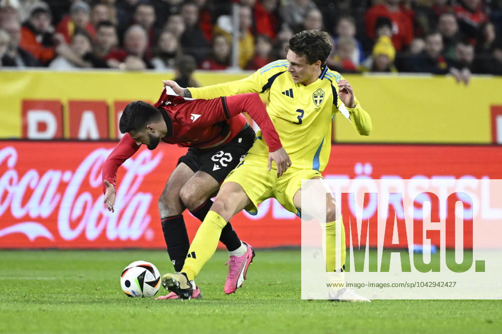 STOCKHOLM , SWEDEN 20240325 Swedens Victor Nilsson Lindelöf right and Albanias Armando Broja during Mondays international football match between Sweden and Albania at Friends Arena STOCKHOLM SWEDEN