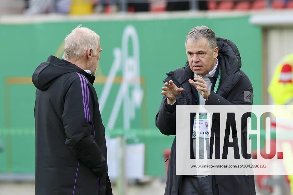 Assistant coach Hermann Gerland Germany and DFB Managing Director Andreas Rettig Germany talk, UEFA European Under 21 Championship Qualifying Group D, Germany vs Israel, Erdgas Sportpark, 26 03 2024, Halle, Germany