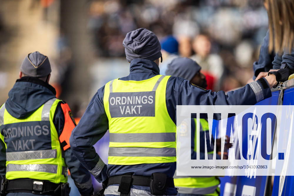 Security guards at the Allsvenskan football match between IFK Norrköping and Malmö FF on March 30, 2024 in Norrköping, Sweden.