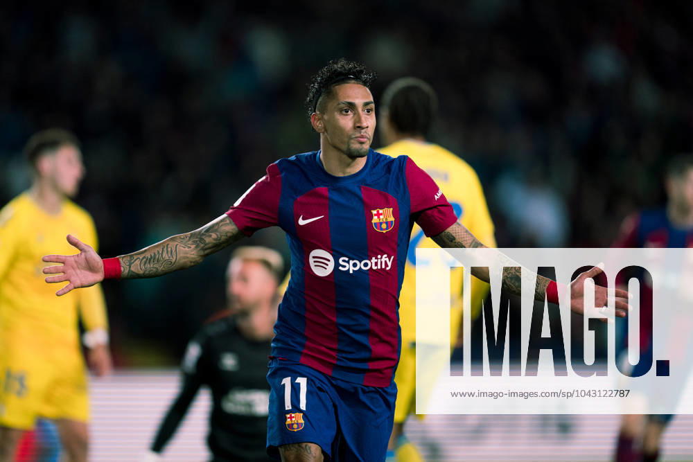 (240331) -- BARCELONA, March 31, 2024 -- FC Barcelona, Barca s Raphinha celebrates his goal during the Spanish league (La Liga) football match between FC Barcelona and Las Palmas in Barcelona, Spain, March 30, 2024. (Photo by Xinhua) (SP)SPAIN-BARCELONA-FOOTBALL-LA LIGA-BARCELONA VS LAS PALMAS JoanxGosa