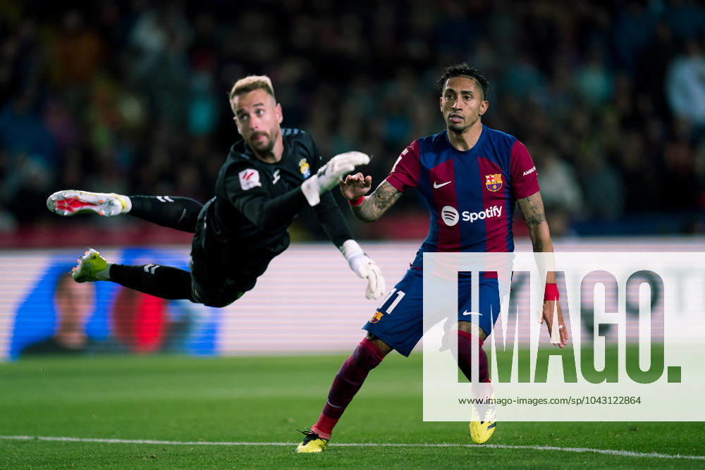 (240331) -- BARCELONA, March 31, 2024 -- FC Barcelona, Barca s Raphinha (R) scores a goal during the Spanish league (La Liga) football match between FC Barcelona and Las Palmas in Barcelona, Spain, March 30, 2024. (Photo by Xinhua) (SP)SPAIN-BARCELONA-FOOTBALL-LA LIGA-BARCELONA VS LAS PALMAS JoanxGosa