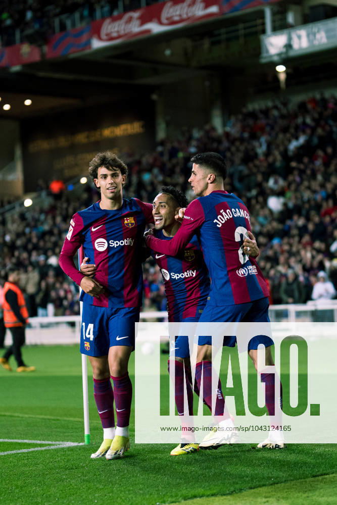 (240331) -- BARCELONA, March 31, 2024 -- FC Barcelona, Barca s Raphinha (C) celebrates his goal with teammates Joao Felix (L) and Joao Cancelo during the Spanish league (La Liga) football match between FC Barcelona and Las Palmas in Barcelona, Spain, March 30, 2024. (Photo by Xinhua) (SP)SPAIN-BARCELONA-FOOTBALL-LA LIGA-BARCELONA VS LAS PALMAS JoanxGosa