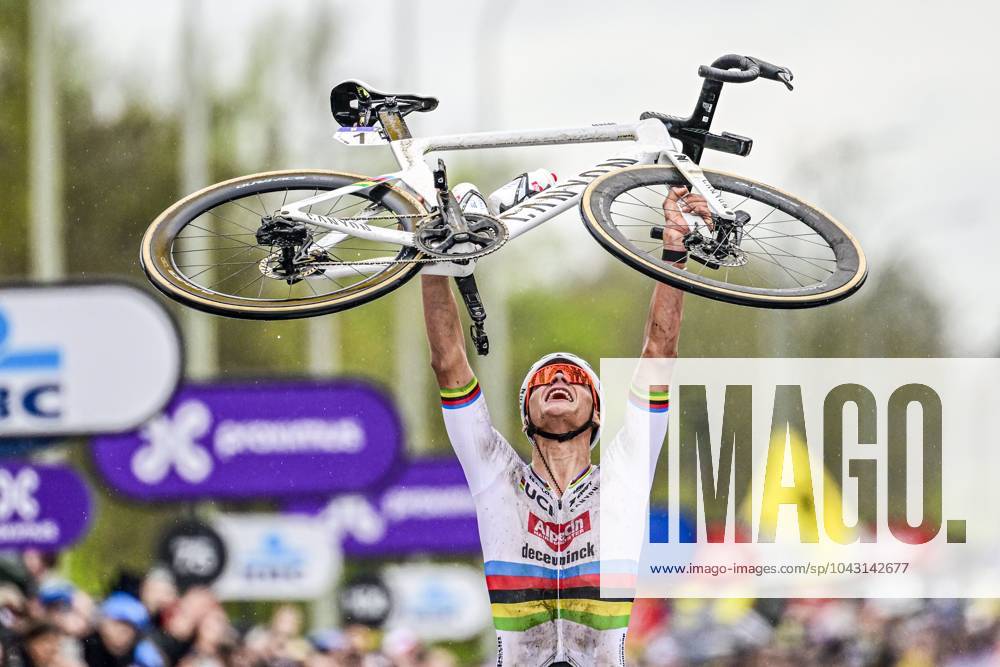 KW13 Tour of Flanders 2024 Cycling Race OUDENAARDE, BELGIUM - MARCH 31 : Van Der Poel Mathieu (NED) of Alpecin-Deceuninck celebrating his victory during the UCI World Tour Flanders Classics 108th Ronde Van Vlaanderen, a cycling race with start in Antwerpen and finish in Oudenaarde on March 31, 2024 in Oudenaarde, Belgium, 31 03 2024 ( Motordriver Kenny Verfaillie - Oudenaarde Belgium