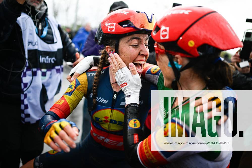 KW13 Dutch Shirin Van Anrooij of Lidl-Trek and Italian Elisa Longo Borghini of Lidl-Trek celebrate after winning the women s race of the Ronde van Vlaanderen Tour des Flandres Tour of Flanders one day cycling event, 163km with start and finish in Oudenaarde, Sunday 31 March 2024. JASPERxJACOBS x90142747x