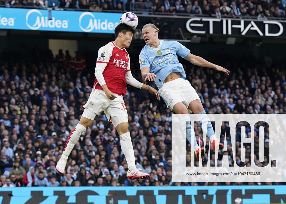 KW13 Manchester, England, 31st March 2024. Takehiro Tomiyasu of Arsenal challenges Erling Haaland of Manchester City during the Premier League match at the Etihad Stadium, Manchester. Picture credit should read: Andrew Yates Sportimage . SPI-3047-0042