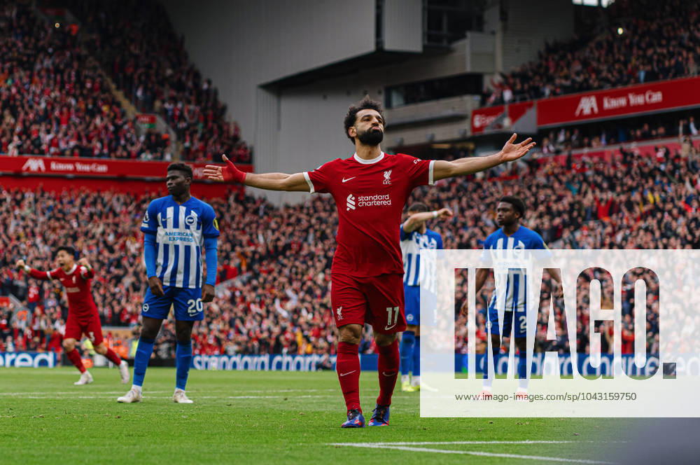 KW13 Mo Salah of Liverpool celebrates scoring the winning goal during the Premier League match between Liverpool and Brighton and Hove Albion at Anfield, Liverpool, England on 31 March 2024.