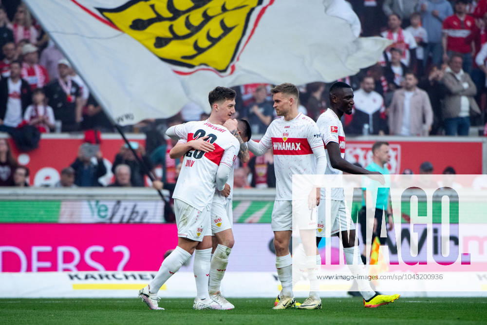 Deniz Undav VfB Stuttgart, 26 , Angelo Stiller VfB Stuttgart, 06 , Maximilan Mittelstaedt VfB Stuttgart, 07 , Serhou Guirassy VfB Stuttgart, 09 celebrate the goal for 2 0, GER, VfB Stuttgart VFB vs FC Heidenheim FCH , Fußball Bundesliga, 27 Spieltag, Saison 2023 2024, 31 03 2024 DFB DFL regulations prohibit any use of photographs as image sequences and or quasi video GER, VfB Stuttgart VFB vs FC Heidenheim FCH , Fussball Bundesliga, 27 Spieltag, Saison 2023 2024, 31 03 2024 Muenchen