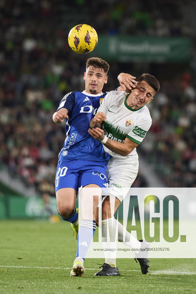 LaLiga Hypermotion, Elche CF v Real Oviedo ELCHE, SPAIN - APRIL 5: Francisco Mascarenha Centre-Forward of Real Oviedo competes for the ball with Nico Fernandez Left-Back of Elche CF during the LaLiga Hypermotion match between Elche CF and Real Oviedo at Manuel Martinez Valero Stadium, on April 5, 2024 in Elche, Spain. (Photo By Francisco Macia Photo Players Images) Elche Estadio Manuel Martinez Valero Alicante Spain