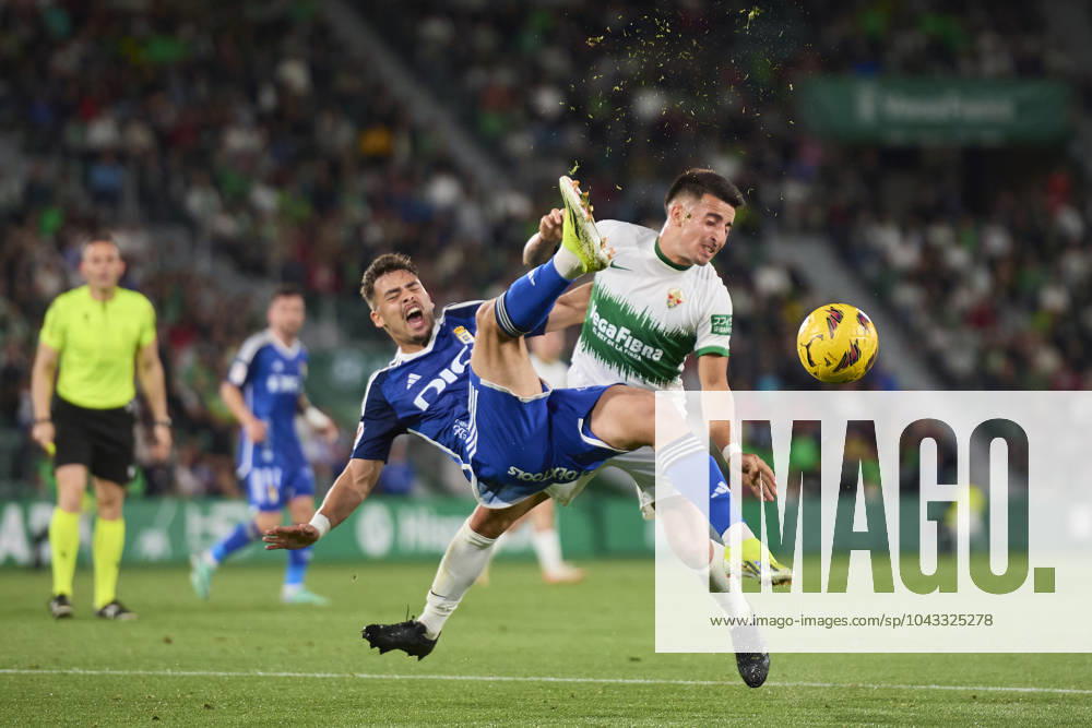 LaLiga Hypermotion, Elche CF v Real Oviedo ELCHE, SPAIN - APRIL 5: Francisco Mascarenha Centre-Forward of Real Oviedo competes for the ball with Nico Fernandez Left-Back of Elche CF during the LaLiga Hypermotion match between Elche CF and Real Oviedo at Manuel Martinez Valero Stadium, on April 5, 2024 in Elche, Spain. (Photo By Francisco Macia Photo Players Images) Elche Estadio Manuel Martinez Valero Alicante Spain