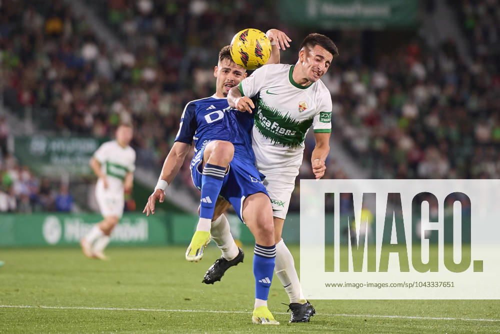 LaLiga Hypermotion, Elche CF v Real Oviedo ELCHE, SPAIN - APRIL 5: Francisco Mascarenha Centre-Forward of Real Oviedo competes for the ball with Nico Fernandez Left-Back of Elche CF during the LaLiga Hypermotion match between Elche CF and Real Oviedo at Manuel Martinez Valero Stadium, on April 5, 2024 in Elche, Spain. (Photo By Francisco Macia Photo Players Images) Elche Estadio Manuel Martinez Valero Alicante Spain