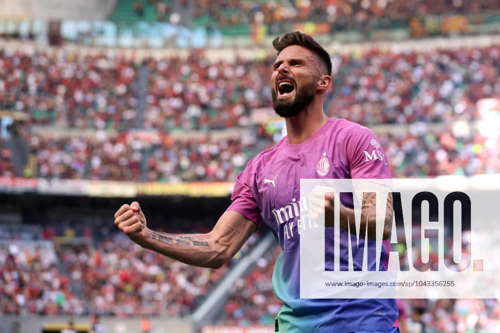 KW14 Olivier Giroud (Ac Milan) celebrates after scoring his team s second goal, Serie A, Ac Milan - Us Lecce, Stadio Giuseppe Meazza, April 6, 2024, Milano, Italy.