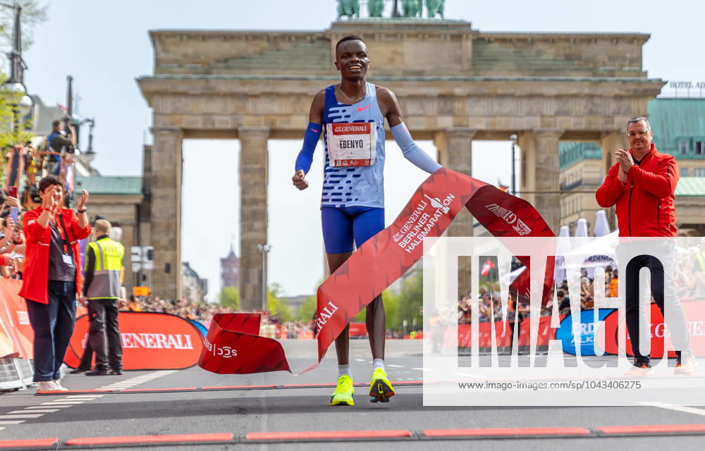 Berlin, 07 04 24, Athletics, Generali Berlin Half Marathon 2024 Daniel Ebenyo from Kenya crosses the finish line to win this years Generali Berlin Half Marathon 2024