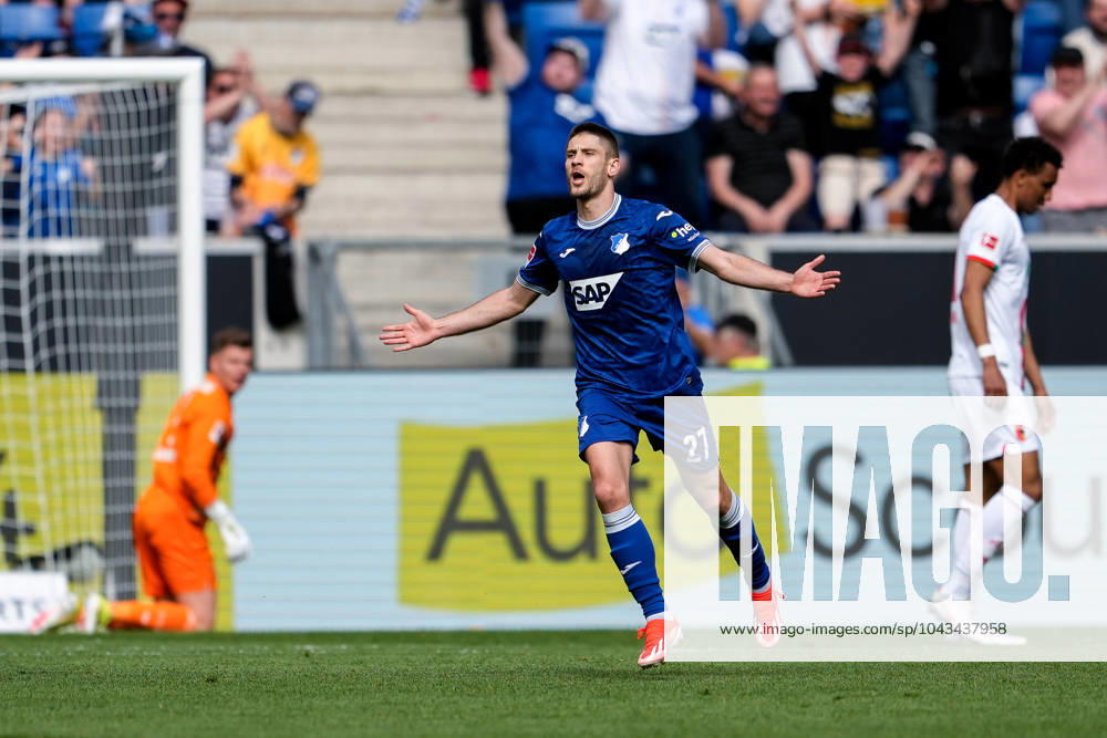 Goalscorer Andrej Kramaric Hoffenheim, 27 , player of TSG 1899 Hoffenheim, cheers about the goal to 2 0, cheer, cheer, goal celebration, celebrate the goal, goal, celebration, cheering about the goal, optimistic, game scene, highlight, cropped, full body, single image, single photo, action, action, 07 04 2024, Sinsheim Germany , Football, Bundesliga, TSG 1899 Hoffenheim FC Augsburg, DFB DFL REGULATIONS PROHIBIT ANY USE OF PHOTOGRAPHS AS IMAGE SEQUENCES AND OR QUASI VIDEO