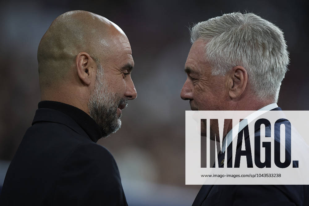 2024-04-09 Real Madrid CF v Manchester City - Quarter-final First Leg - UEFA Champions League 2023 24 MADRID, SPAIN - APRIL 9: Carlo Ancelotti of Real Madrid CF and Pep Guardiola of Manchester City during the Quarter-final First Leg - UEFA Champions League match between Real Madrid CF and Manchester City at Estadio Santiago Bernabeu on April 9, 2024 in Madrid, Spain. (Photo by Pablo Morano BSR Agency) Madrid Spain Content not available for redistribution in The Netherlands directly or indirectly through any third parties.