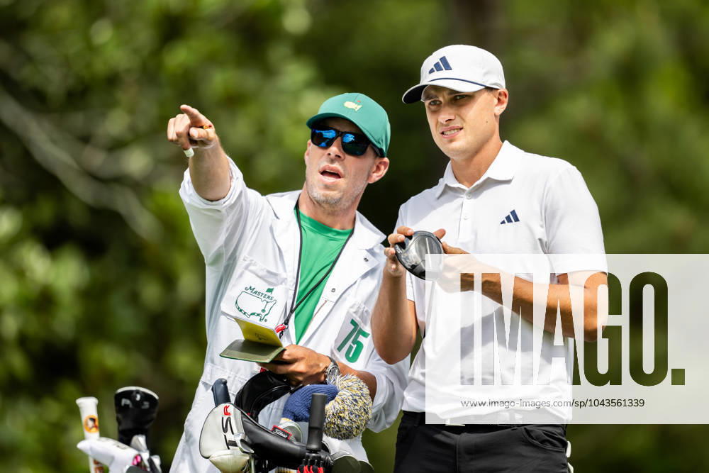 Ludvig Aberg of Sweden with his caddie Joe Skovron during a practice round prior to the 2024 Masters Golf Tournament on April 10, 2024 in Augusta Photo Petter Arvidson BILDBYRAN kod PA PA0791 bbeng golf masters the masters Augusta us masters sverige