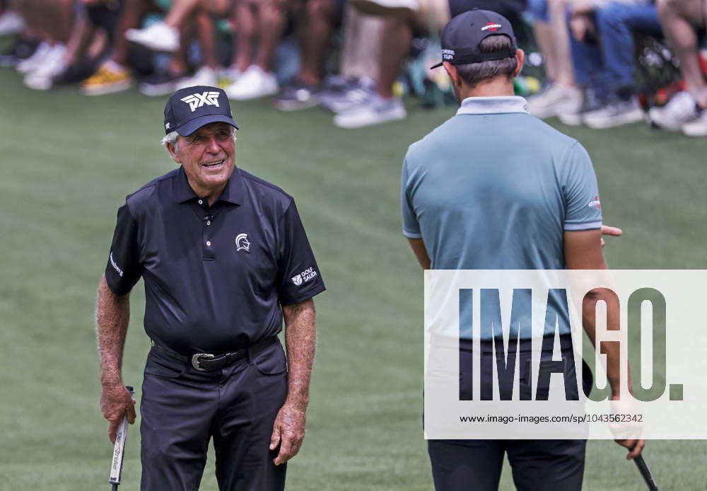Gary Player of South Africa (L) talks with Erik Van Rooyen of South Africa (R) on the fifth green during the Par 3 contest at the Masters Tournament at Augusta National Golf Club in Augusta, Georgia on Wednesday, April 10, 2024. AUG20240410543 TANNENxMAURY