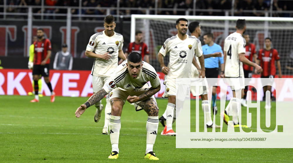 Foto IPP Paolo Bona Milano 11 04 2024 UEFA Europa League di Calcio stagione 2023 2024 partita Milan-Roma Nella foto Gianluca Mancini esulta dopo il gol del 0-1 Italy Photo Press Worldwide Copyright italy Italy ITALY
