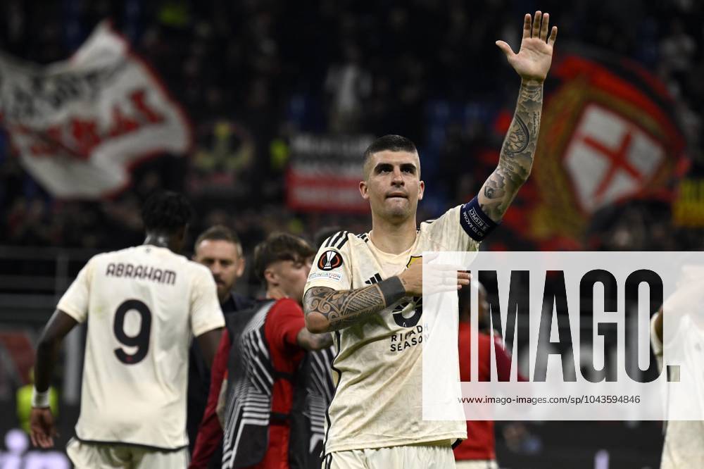 Foto IPP Paolo Bona Milano 11 04 2024 UEFA Europa League di Calcio stagione 2023 2024 partita Milan-Roma Nella foto lesultanza di Gianluca Mancini dopo la vittoria per 0-1 Italy Photo Press Worldwide Copyright italy Italy ITALY