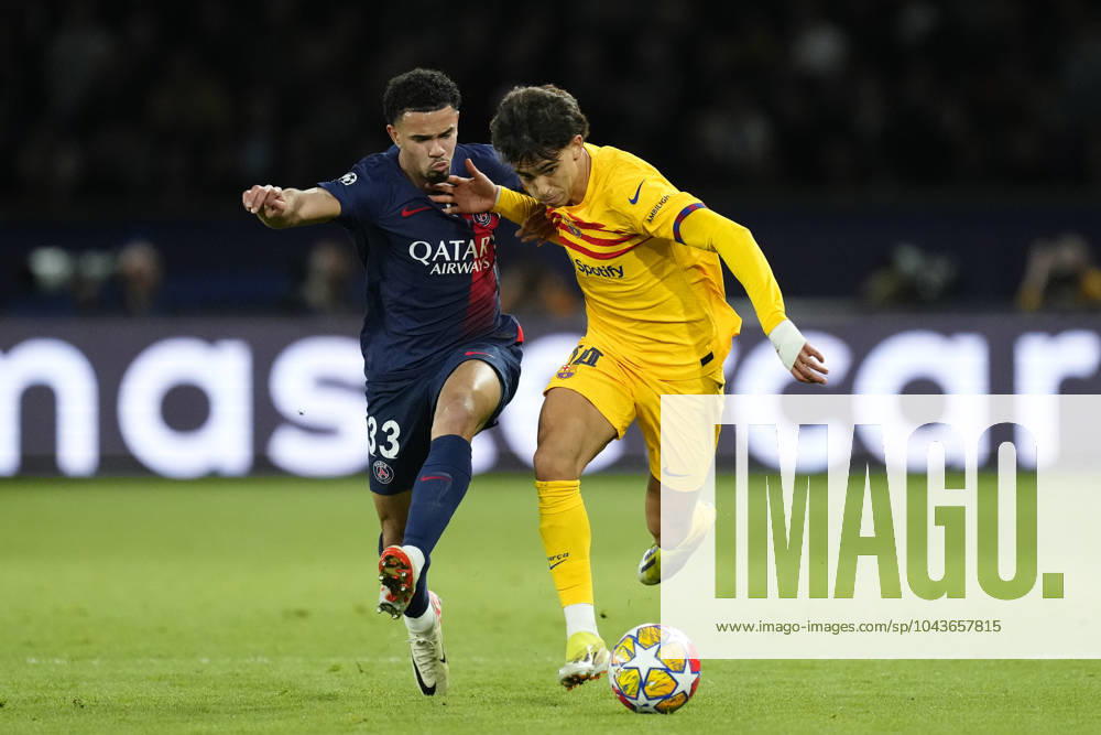Paris Saint-Germain v FC Barcelona, Barca Quarter-final First Leg - UEFA Champions League 2023 24 Joao Felix second striker of Barcelona and Portugal and Warren Zaïre-Emery central midfield of PSG and France compete for the ball during the UEFA Champions League quarter-final first leg match between Paris Saint-Germain and FC Barcelona at Parc des Princes on April 10, 2024 in Paris, France. Paris France