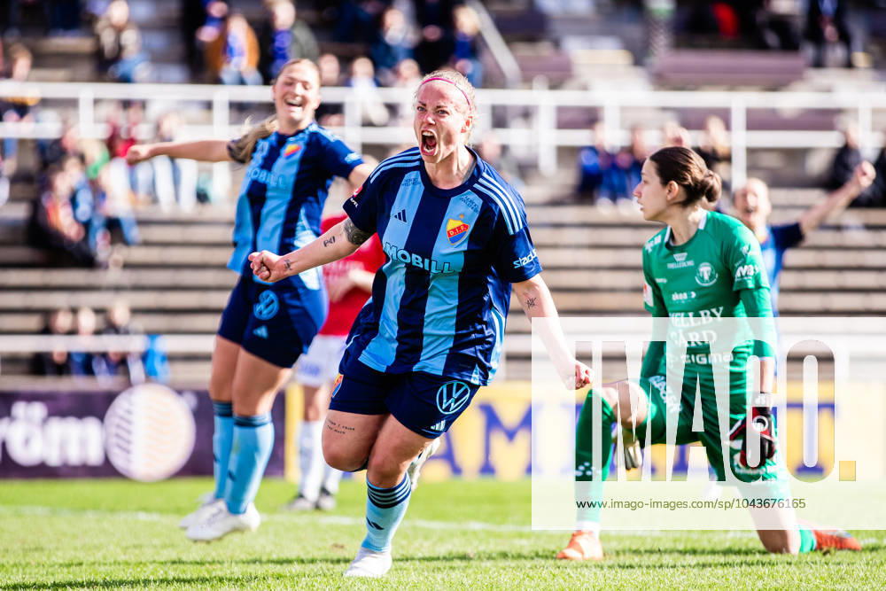 Djurgardens Sessy Asland celebrates after scoring a goal during the Damallsvenskan football match between Djurgarden and Trelleborg on April 13, 2024 in Stockholm.