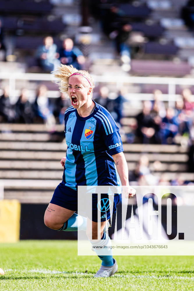 Djurgardens Sessy Asland celebrates after scoring a goal during the Damallsvenskan football match between Djurgarden and Trelleborg on April 13, 2024 in Stockholm.