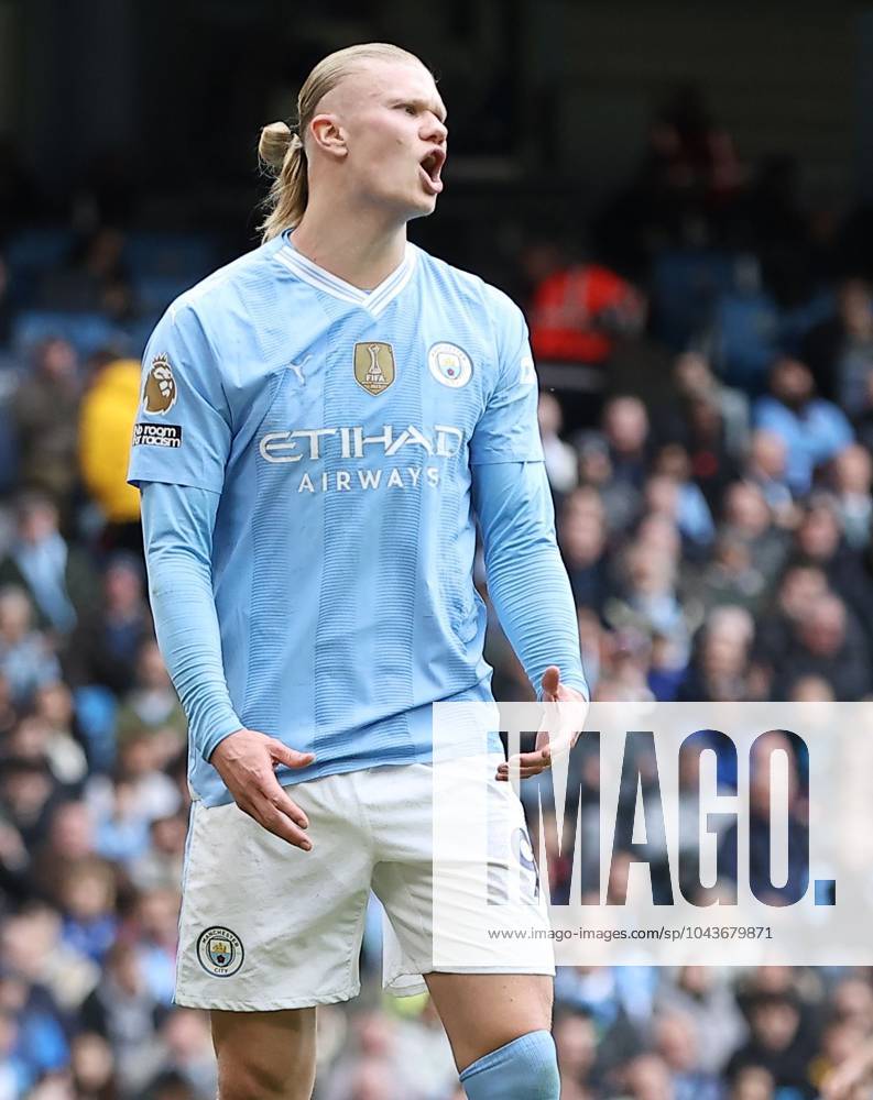 Erling Haaland of Manchester City reacts Manchester City v Luton Town, Premier League, Football, Etihad Stadium, Manchester, UK - 13 Apr 2024