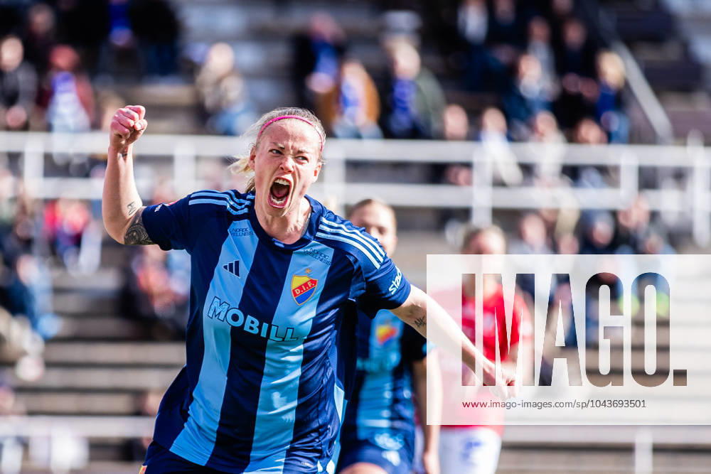 Djurgardens Sessy Asland celebrates after scoring a goal during the Damallsvenskan football match between Djurgarden and Trelleborg on April 13, 2024 in Stockholm.