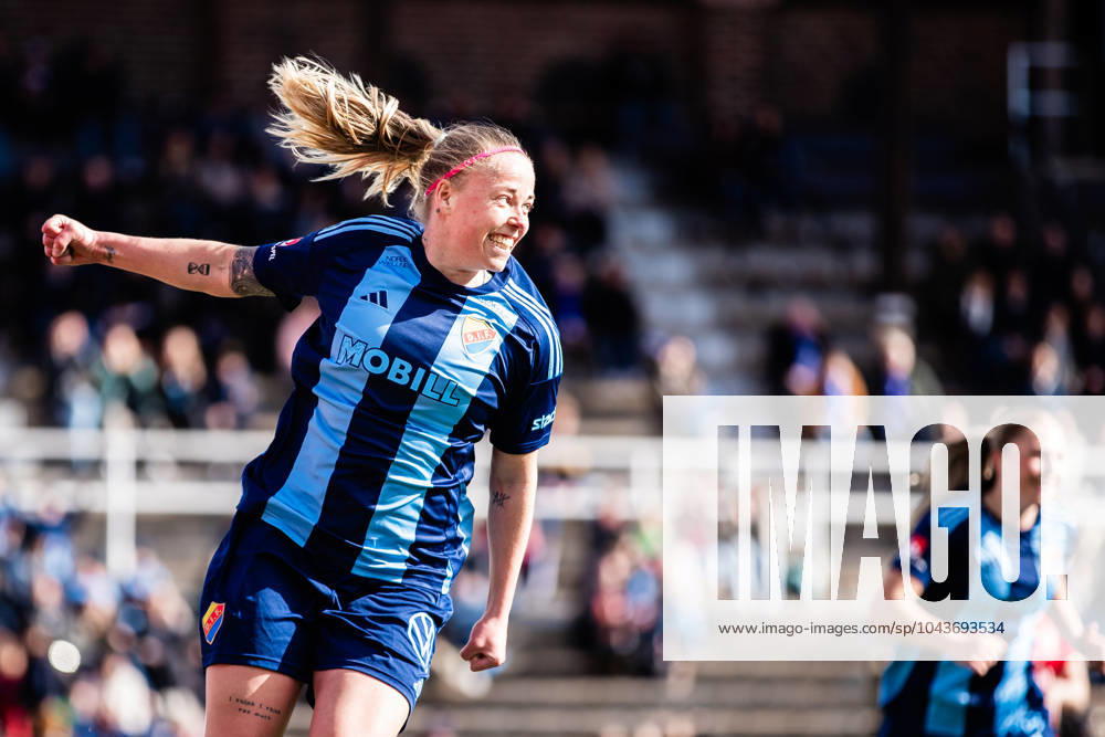 Djurgardens Sessy Asland celebrates after scoring a goal during the Damallsvenskan football match between Djurgarden and Trelleborg on April 13, 2024 in Stockholm.