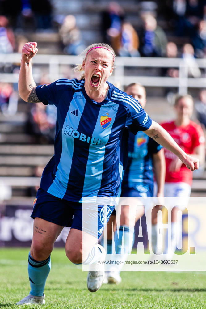 Djurgardens Sessy Asland celebrates after scoring a goal during the Damallsvenskan football match between Djurgarden and Trelleborg on April 13, 2024 in Stockholm.