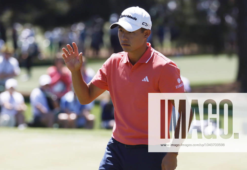 Collin Morikawa reacts after sinking a putt on the second hole during the third round of the Masters Tournament at Augusta National Golf Club in Augusta, Georgia on Saturday, April 13, 2024. AUG20240413517 TANNENxMAURY