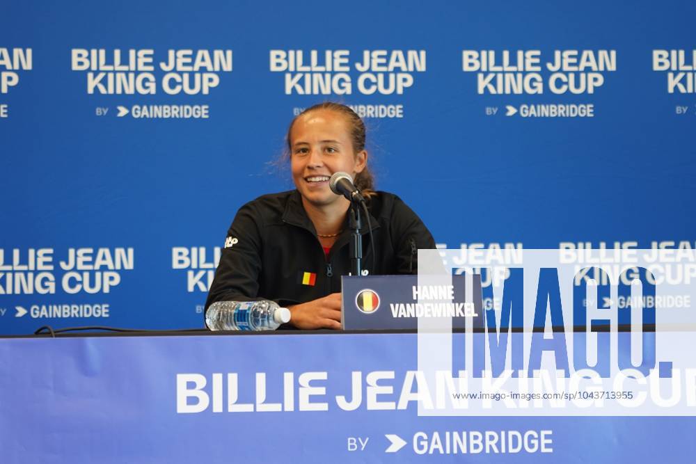 Belgian Hanne Vandewinkel pictured during a press conference, PK, Pressekonferenz after the third match between American Pegula WTA, Tennis Damen 5) and Belgian Vandewinkel (WTA 278) on the second day of the meeting between USA and Belgium, in the qualification round in the world group for the final of the Billie Jean King Cup tennis, in Orlando, Florida, USA, on Saturday 13 April 2024. MARTYxJEANxLOUIS x90921127x