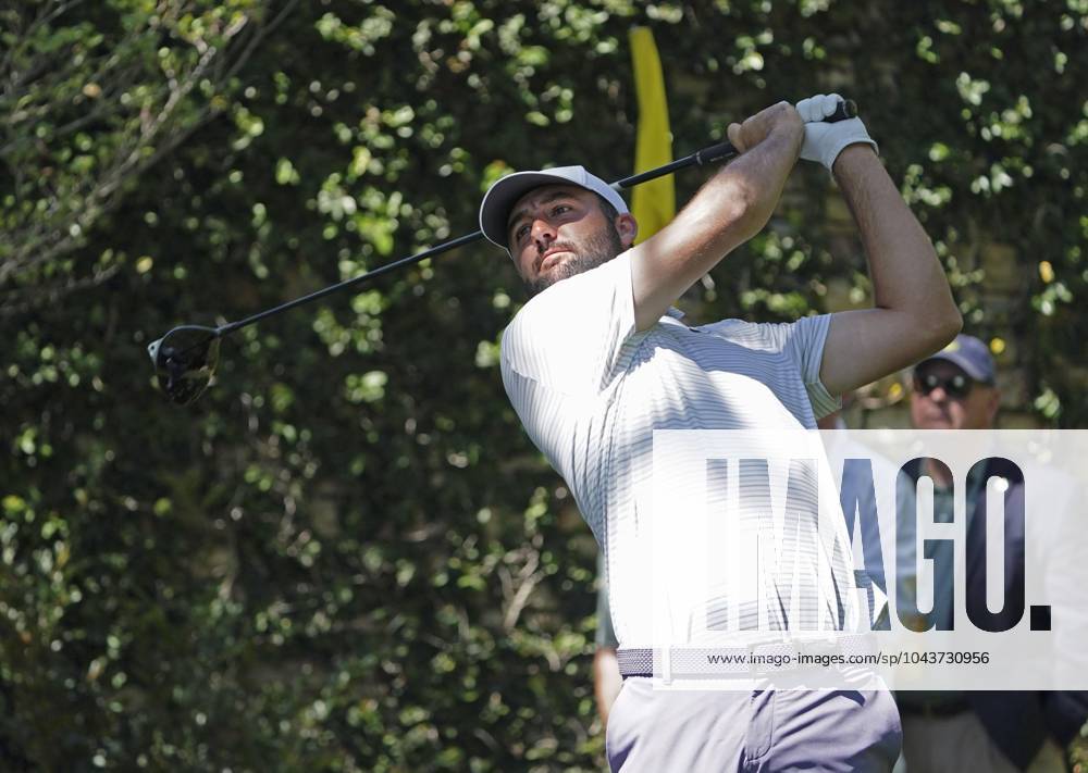 Golf: Masters Tournament Scottie Scheffler of the United States hits off the second tee during the third round of the Masters Tournament at Augusta National Golf Club in Augusta, Georgia, on April 13, 2024. A14AA0002706538P