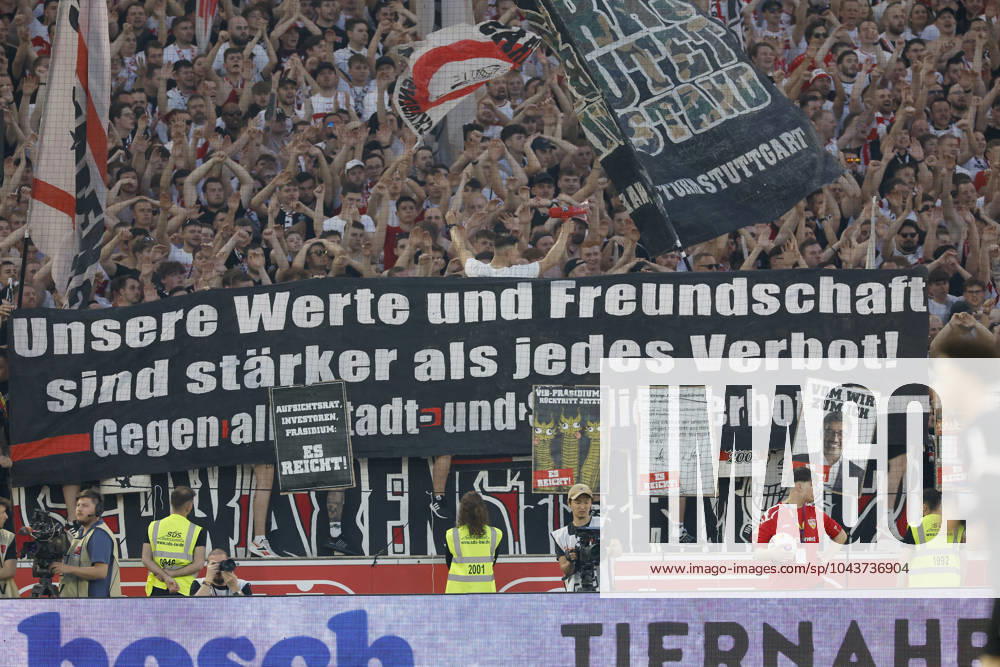 Image Protest banner of Stuttgart fans against stadium bans, Banner, Poster, Fans 13 04 2024, Football, Bundesliga, VfB Stuttgart Eintracht Frankfurt, GER, Stuttgart, MHPArena, DFL REGULATIONS PROHIBIT ANY USE OF PHOTOGRAPHS AS IMAGE SEQUENCES AND OR QUASI VIDEO