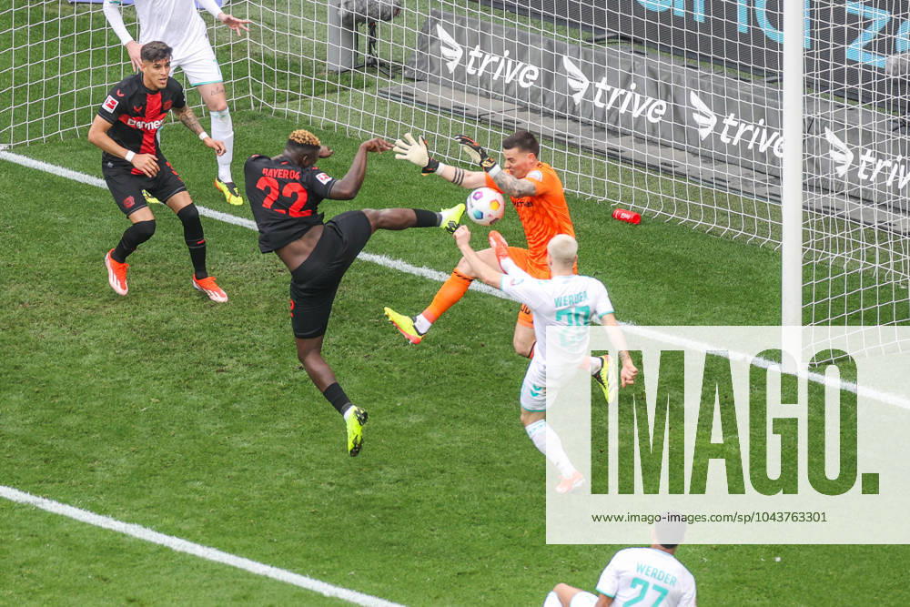 Soccer, 2 Bundesliga, Matchday 29, Season 2023 2024, Bayer Leverkusen Werder Bremen, f l Victor Boniface Bayer Leverkusen , Goalkeeper Michael Zetterer SV Werder Bremen , Romano Schmid SV Werder Bremen Leverkusen BayArena NRW Germany xRHR PHOTO TRx