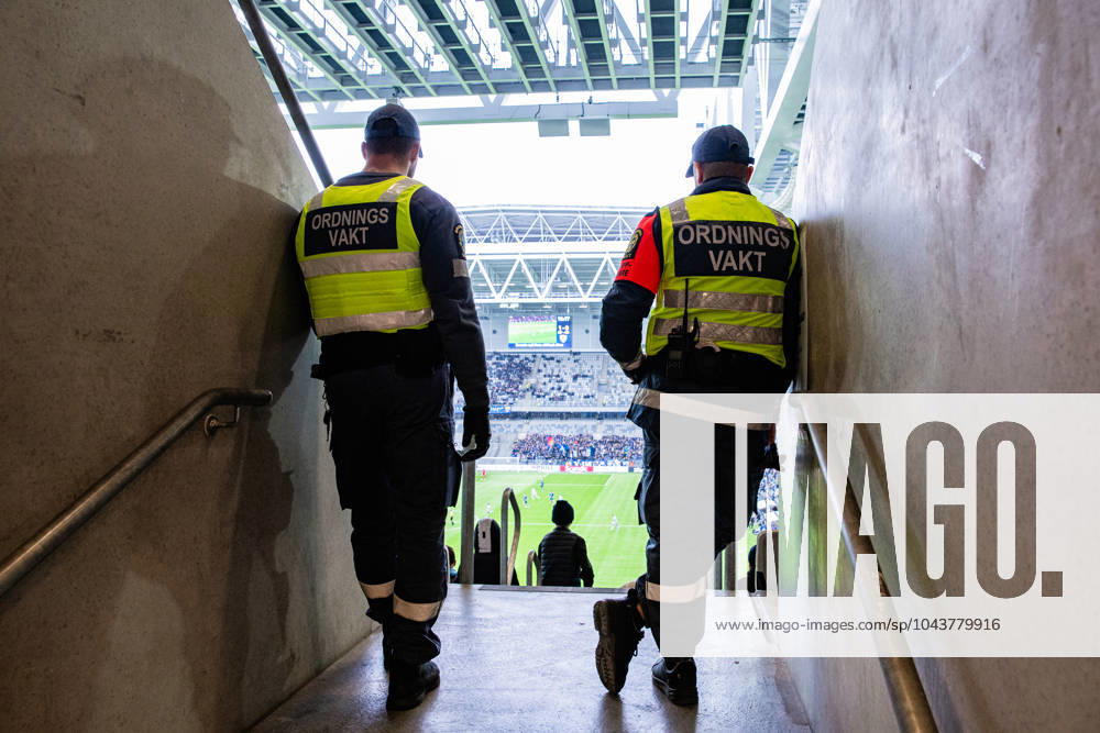 Security guards during the Allsvenskan football match between Djurgarden and Sirius on April 14, 2024 in Stockholm, Sweden.