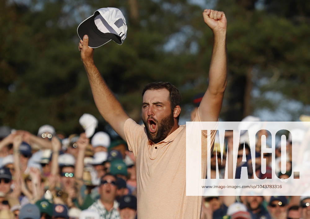 KW15 Scottie Scheffler celebrates after winning the Masters tournament at Augusta National Golf Club in Augusta, Georgia on Sunday, April 14, 2024. Scheffler won with a score of 11 under par. AUG20240414150 JOHNxANGELILLO