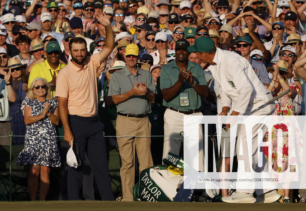 Scottie Scheffler celebrates after winning the Masters tournament at Augusta National Golf Club in Augusta, Georgia on Sunday, April 14, 2024. Scheffler won with a score of 11 under par. AUG20240414175 JOHNxANGELILLO