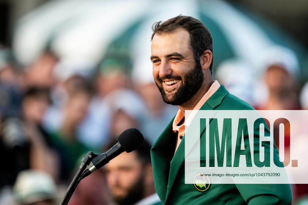 Scottie Scheffler of the United States during the Green Jacket Ceremony after winning the final round of the 2024 Masters Golf Tournament on April 14, 2024 in Augusta Photo Petter Arvidson BILDBYRAN kod PA PA0795 bbeng golf masters the masters Augusta us masters jubel