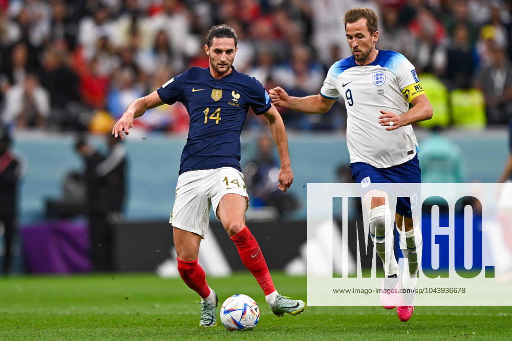 2022-12-10 Netherlands v Argentina - Quarter Final - FIFA World Cup, WM, Weltmeisterschaft, Fussball Qatar 2022 LUSAIL CITY, QATAR - DECEMBER 10: Adrien Rabiot of France battles for the ball with Harry Kane of England during the Quarter Final - FIFA World Cup Qatar 2022 match between Netherlands and Argentina at the Lusail Stadium on December 10, 2022 in Lusail City, Qatar (Photo by Pablo Morano BSR Agency) Lusail City Qatar Content not available for redistribution in The Netherlands directly or indirectly through any third parties.