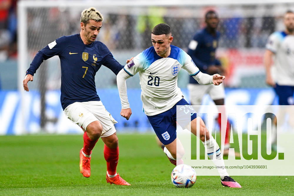 2022-12-10 Netherlands v Argentina - Quarter Final - FIFA World Cup, WM, Weltmeisterschaft, Fussball Qatar 2022 LUSAIL CITY, QATAR - DECEMBER 10: Antoine Griezmann of France battles for the ball with Phil Foden of England during the Quarter Final - FIFA World Cup Qatar 2022 match between Netherlands and Argentina at the Lusail Stadium on December 10, 2022 in Lusail City, Qatar (Photo by Pablo Morano BSR Agency) Lusail City Qatar Content not available for redistribution in The Netherlands directly or indirectly through any third parties.