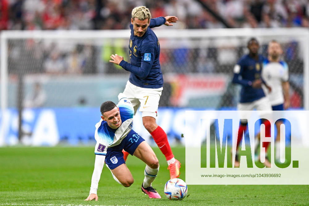 2022-12-10 Netherlands v Argentina - Quarter Final - FIFA World Cup, WM, Weltmeisterschaft, Fussball Qatar 2022 LUSAIL CITY, QATAR - DECEMBER 10: Antoine Griezmann of France battles for the ball with Phil Foden of England during the Quarter Final - FIFA World Cup Qatar 2022 match between Netherlands and Argentina at the Lusail Stadium on December 10, 2022 in Lusail City, Qatar (Photo by Pablo Morano BSR Agency) Lusail City Qatar Content not available for redistribution in The Netherlands directly or indirectly through any third parties.