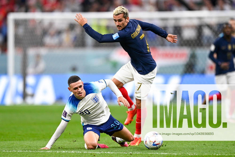 2022-12-10 Netherlands v Argentina - Quarter Final - FIFA World Cup, WM, Weltmeisterschaft, Fussball Qatar 2022 LUSAIL CITY, QATAR - DECEMBER 10: Antoine Griezmann of France battles for the ball with Phil Foden of England during the Quarter Final - FIFA World Cup Qatar 2022 match between Netherlands and Argentina at the Lusail Stadium on December 10, 2022 in Lusail City, Qatar (Photo by Pablo Morano BSR Agency) Lusail City Qatar Content not available for redistribution in The Netherlands directly or indirectly through any third parties.