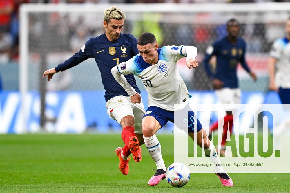 2022-12-10 Netherlands v Argentina - Quarter Final - FIFA World Cup, WM, Weltmeisterschaft, Fussball Qatar 2022 LUSAIL CITY, QATAR - DECEMBER 10: Antoine Griezmann of France battles for the ball with Phil Foden of England during the Quarter Final - FIFA World Cup Qatar 2022 match between Netherlands and Argentina at the Lusail Stadium on December 10, 2022 in Lusail City, Qatar (Photo by Pablo Morano BSR Agency) Lusail City Qatar Content not available for redistribution in The Netherlands directly or indirectly through any third parties.