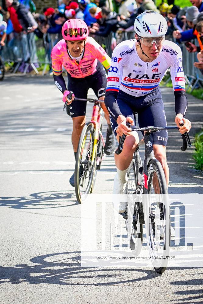 Ecuadorian Richard Carapaz of EF Education-EasyPost and Slovenian Tadej Pogacar of UAE Team Emirates pictured in action during the men elite race of the Liege-Bastogne-Liege one day cycling event, 254,5 km km from Liege, over Bastogne to Liege, Sunday 21 April 2024. POOLxPETERxDExVOECHT x91377181x