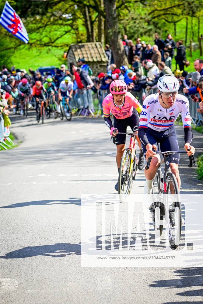 Ecuadorian Richard Carapaz of EF Education-EasyPost and Slovenian Tadej Pogacar of UAE Team Emirates pictured in action during the men elite race of the Liege-Bastogne-Liege one day cycling event, 254,5 km km from Liege, over Bastogne to Liege, Sunday 21 April 2024. POOLxPETERxDExVOECHT x91377185x
